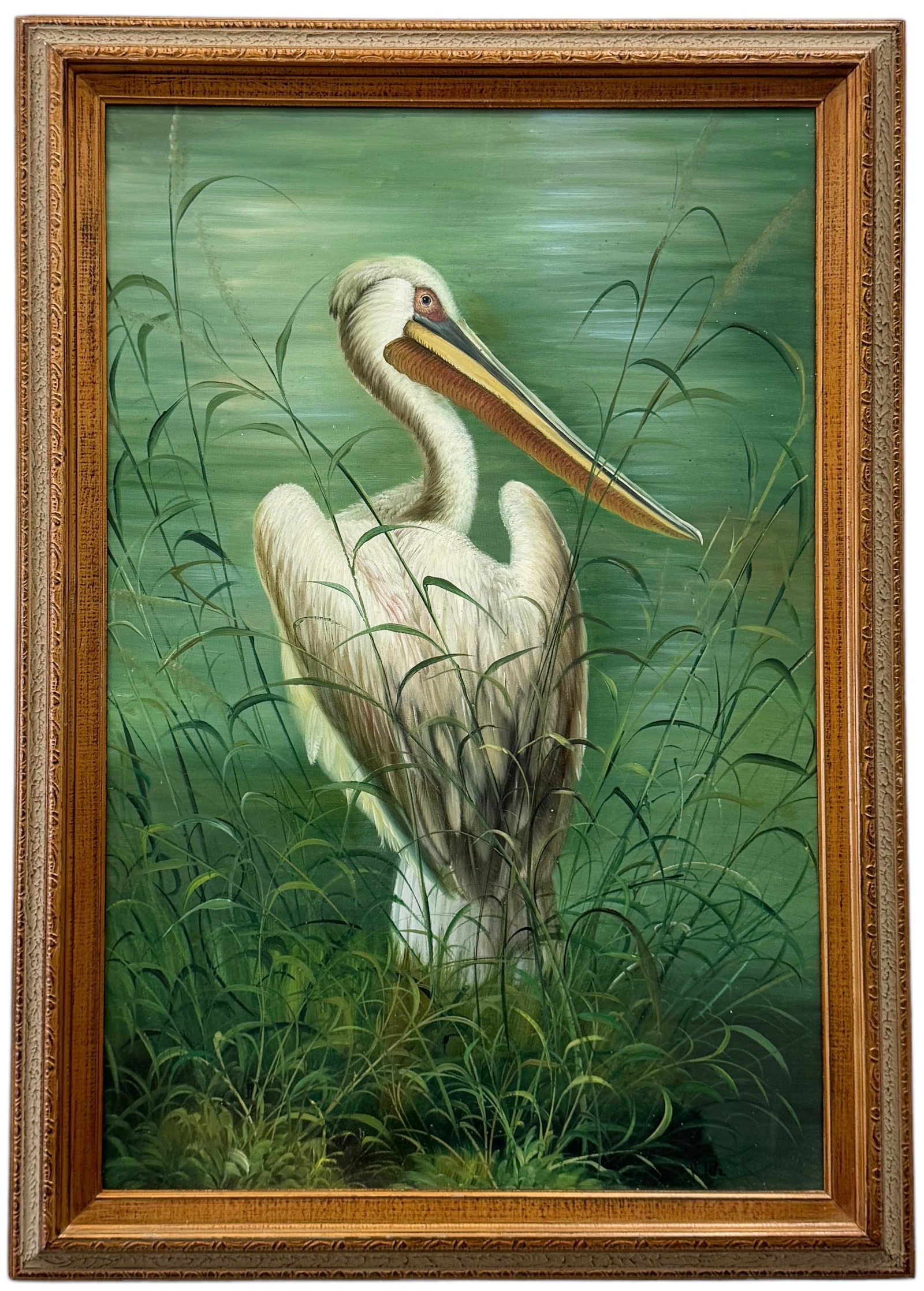 American School Florida Painting Of An American Pelican: Oil on canvas 49.5 x 29.5 in (framed)