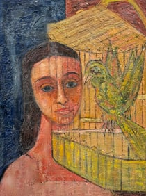 Mid-Century Modern American School "Birdcage" Painting Signed On Back