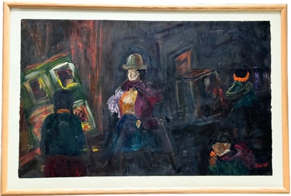 Large Latin American School Modernist Interior Bar Scene, Signed