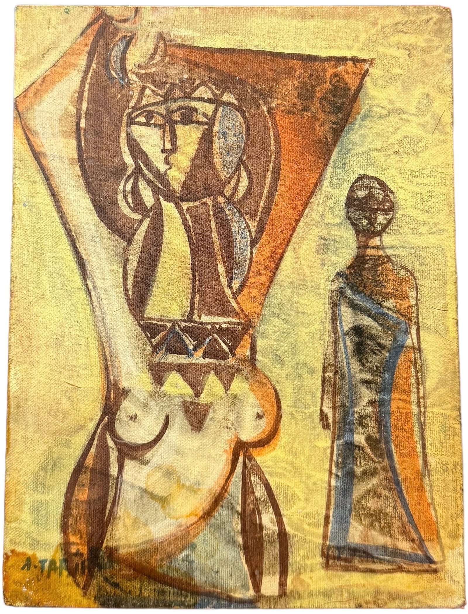 ALI AL JABRI (20th c, Syrian) Cubist Orientalist Nude: Mixed media on board 9.5 x 7 in