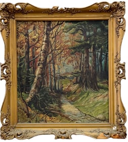 Antique European School Impressionist Forest Landscape w/ Figure, Great Brushwork