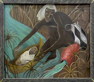 Large Haitian School Modernist Jungle Scene Moses In The Reeds, Unsigned