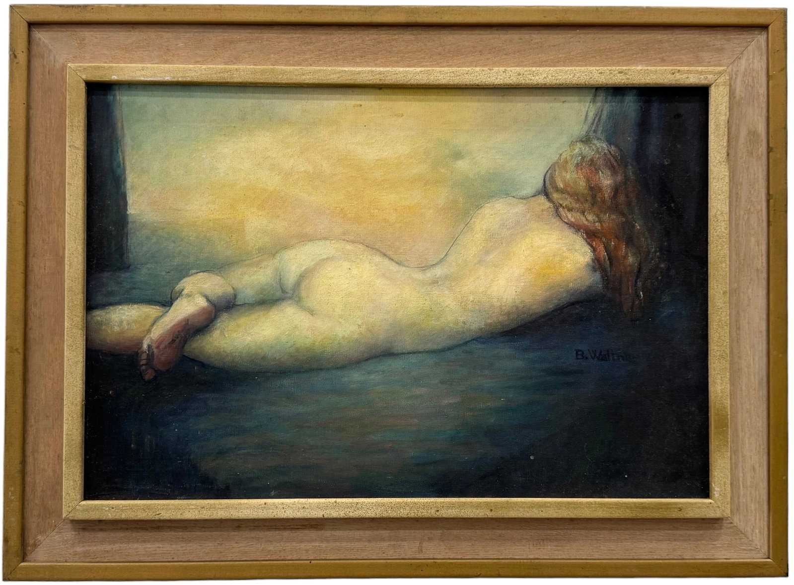BEVERLEY WALTNER (20th c, American) Mid-Century Lying Nude, Signed: Oil on canvas 24 x 16 in, 30 x 22 in (framed)