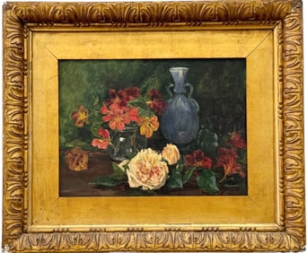 Antique English School Still Life Of Flowers In A Beautiful Period Frame