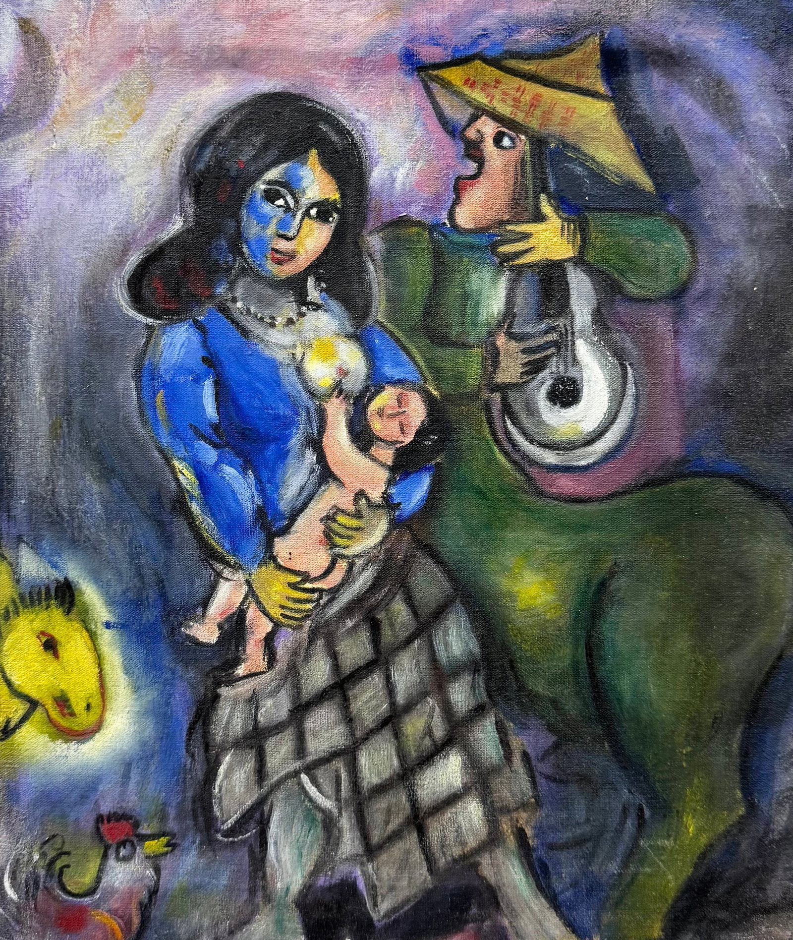 Mexican School Surrealist Serenade Scene Painting: Oil on canvas 14 x 12 in