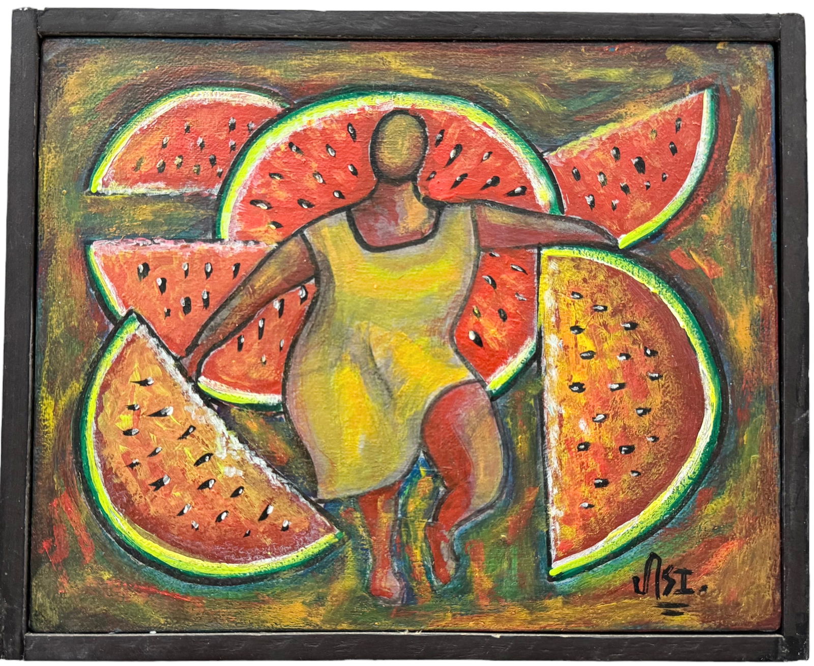 Mexican School Surrealist Abstract Figure w/ Watermelons, Signed (1 of 3)