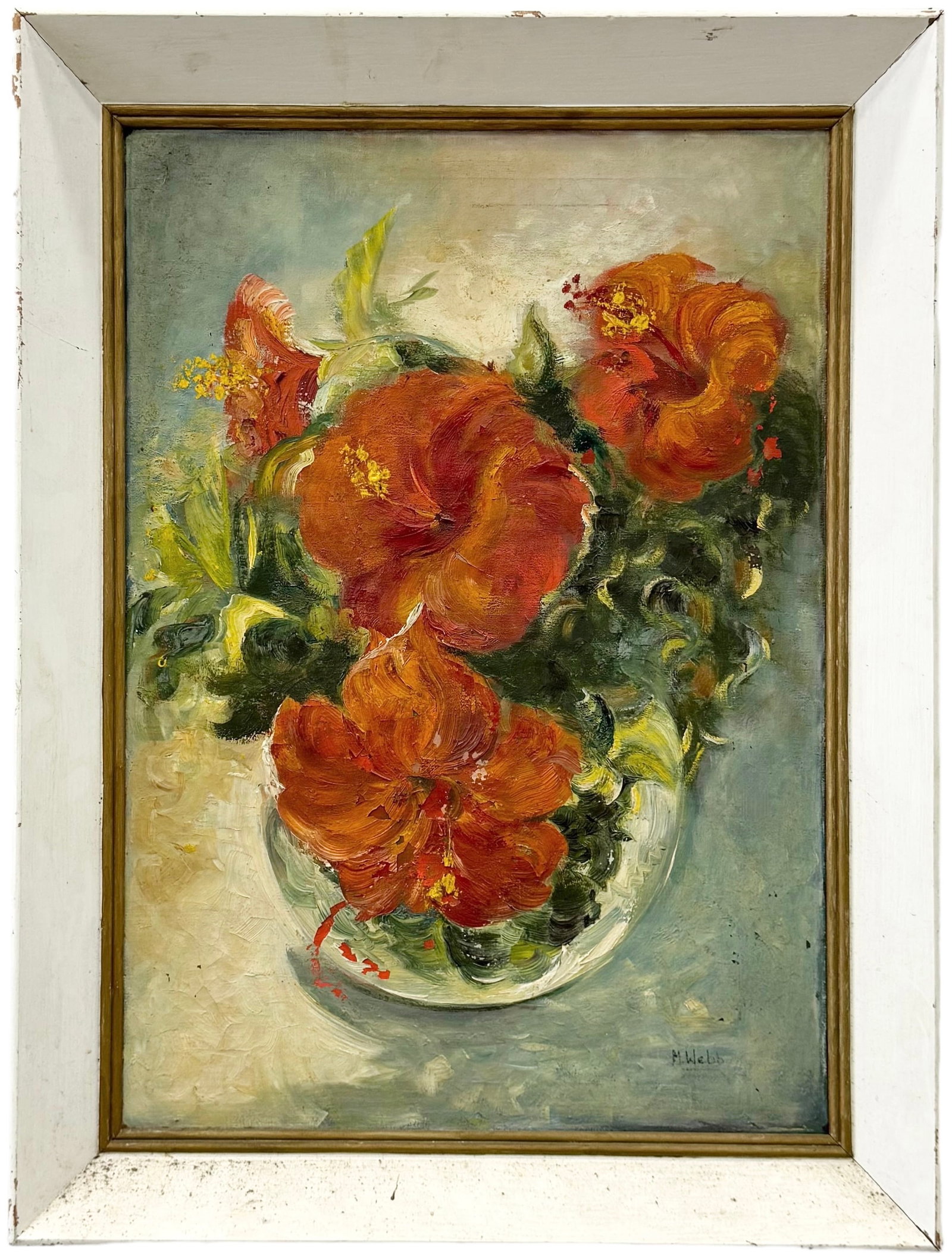 Antique American School Floral Still Life Painting, Signed: Oil on canvas 32 x 24 in (framed)