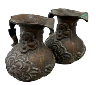 Pair Of Heavy Bronze Ewers With Floral Designs
