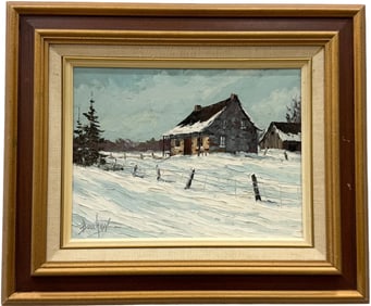 Vintage American School Modernist Winter Landscape Painting, Signed