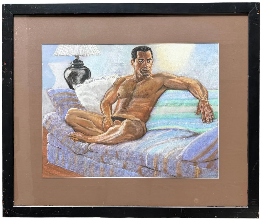 Vintage American Male Nude Pastel Portrait, Signed: Size 36 x 24 in (framed)