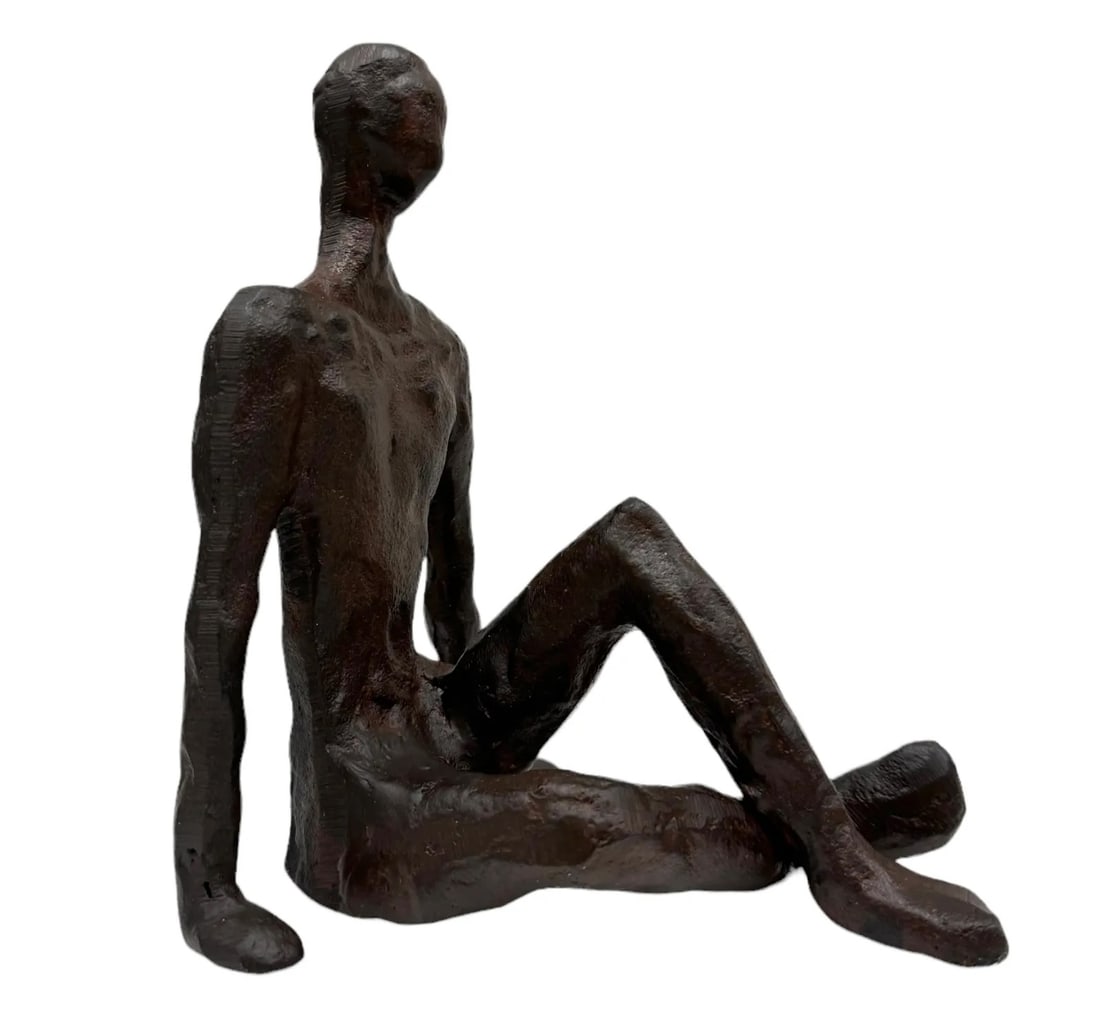 Vintage Modernist Seated Nude Male Figure Metal Sculpture: 6 x 7 x 5 in