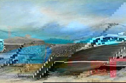 American School Florida Boatyard Scene, Signed