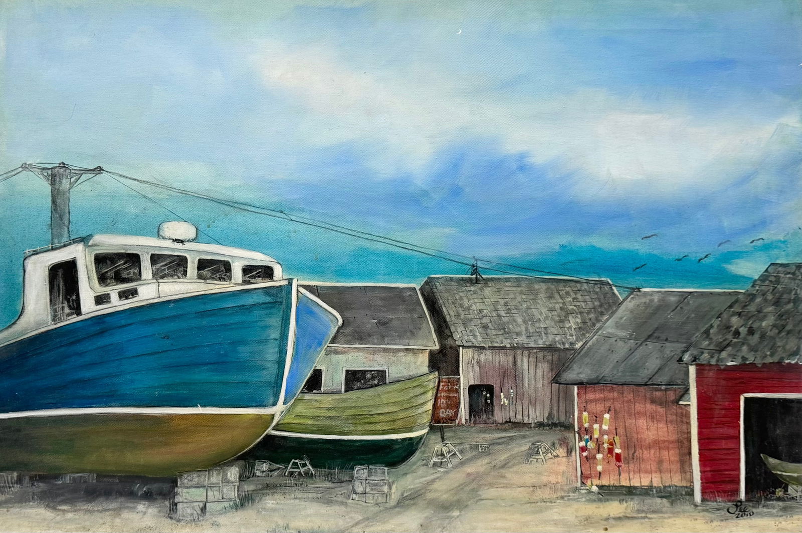 American School Florida Boatyard Scene, Signed (1 of 3)