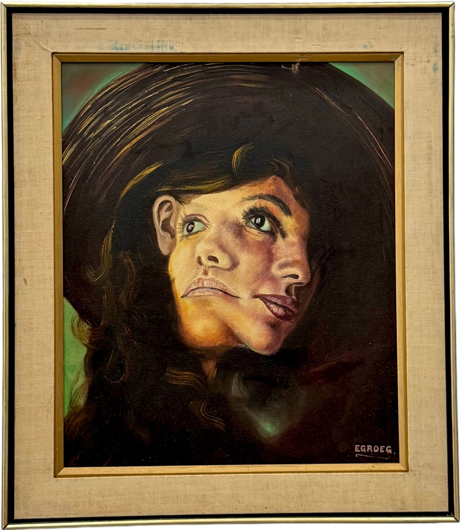 MELISSA EGROEG (20th c, American) Surrealist "Twin Emotions", New York Artist: Oil on canvas 24 x 20 in, 30 x 26 in (framed)
