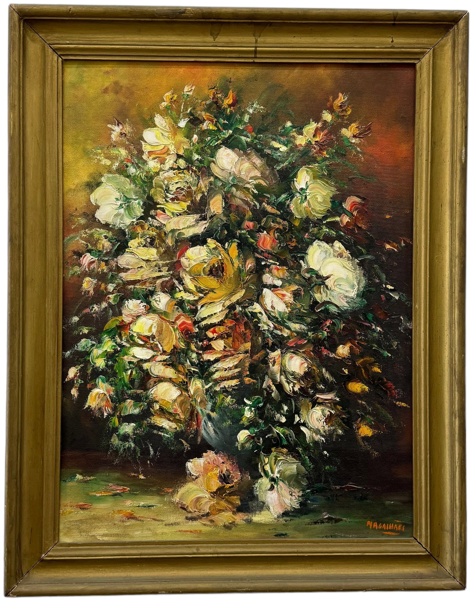 Vintage Portuguese School Floral Still Life Of Flowers, Signed Magalhaes, Nice Frame: Possibly Brazilian. Oil on board 38 x 30 in (framed)