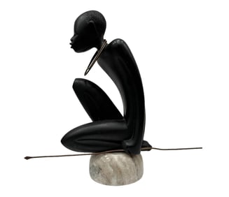 Modernist African Wood Figure With Spear Sculpture On Marble Base