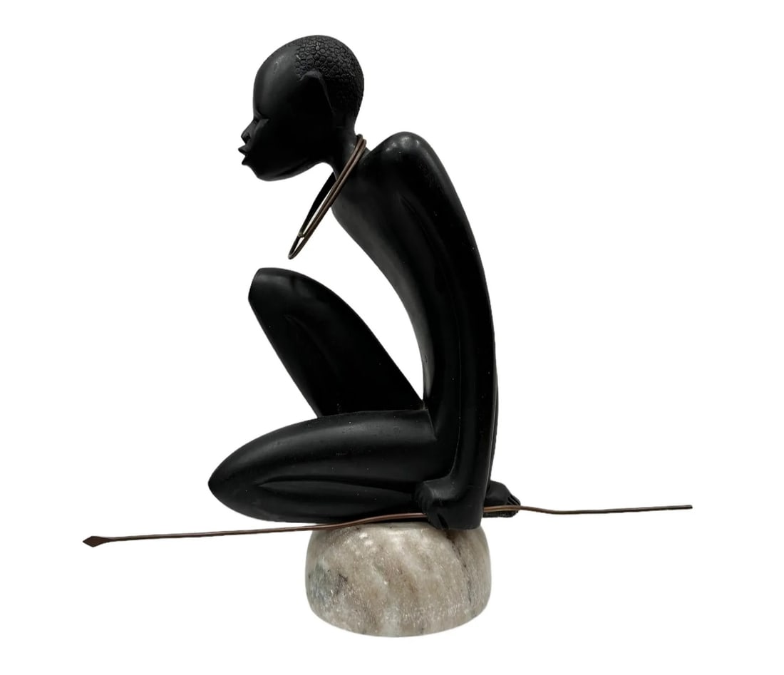 Modernist African Wood Figure With Spear Sculpture On Marble Base: 12 x 12 x 4 in