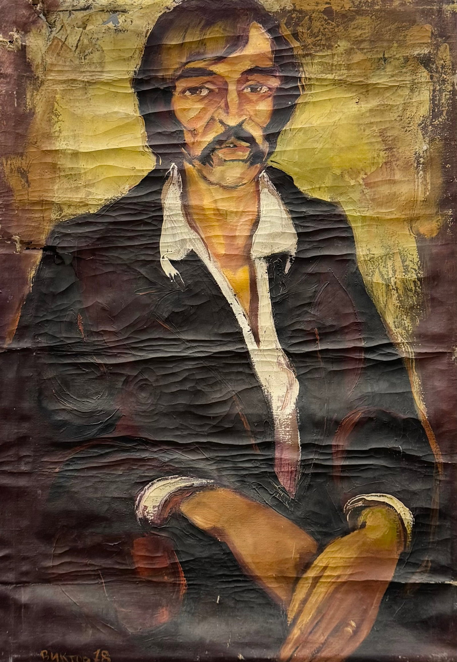 1970's Russian School Modernist Portrait Of A Man, Signed, Distressed Condition: Oil on canvas 36 x 25 in