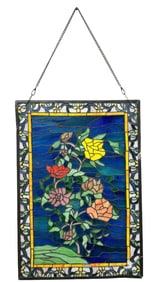 Antique American Stained Glass Floral Panel Wall Hanging