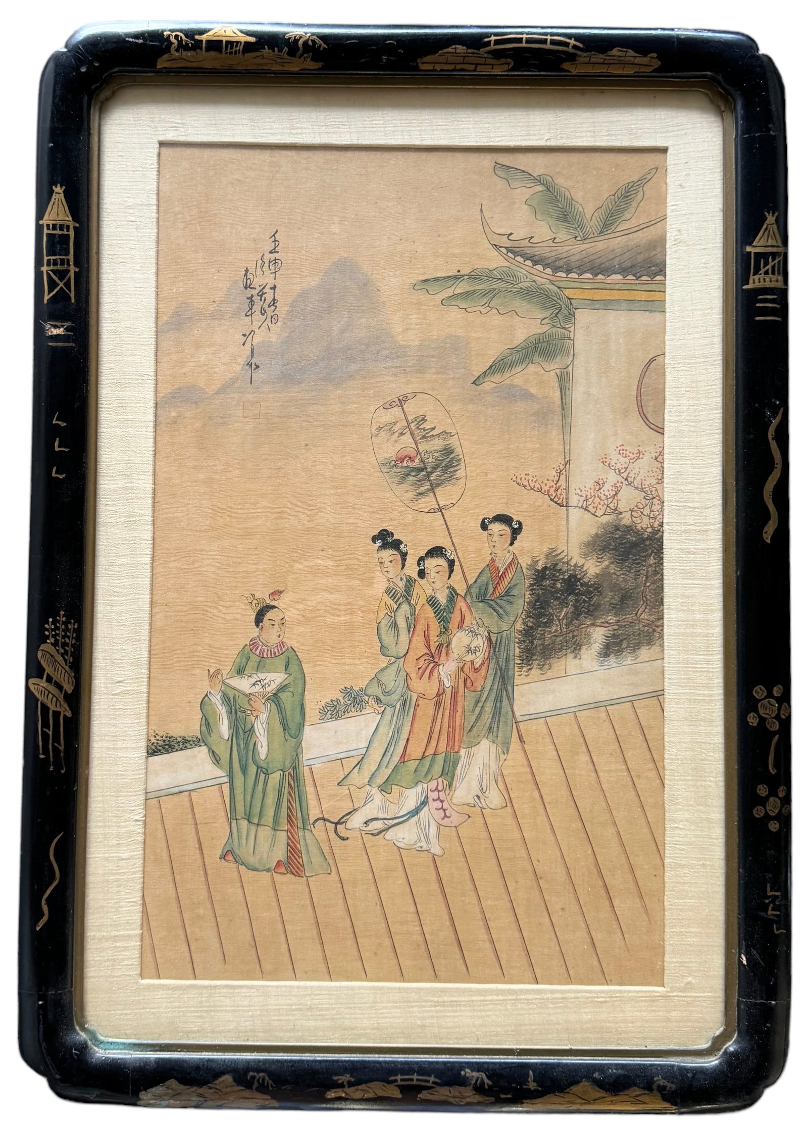 Vintage Chinese School Framed Painting On Silk, Signed: 26.5 x 18.5 in (framed)
