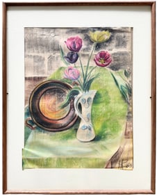 Mid-Century 1960's American School Pastel Still Life Of Flowers, Monogrammed
