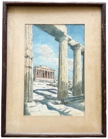 Greek School Watercolor Of The Parthenon, Signed