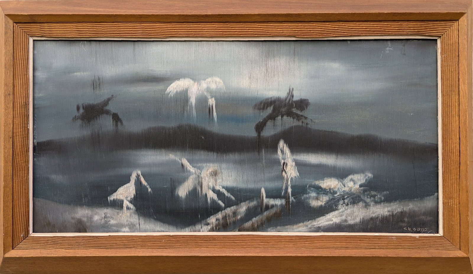 CHARLES OBAS (1927-1968, Haitian) Tropical Storm: Oil on masonite 12 x 44 in