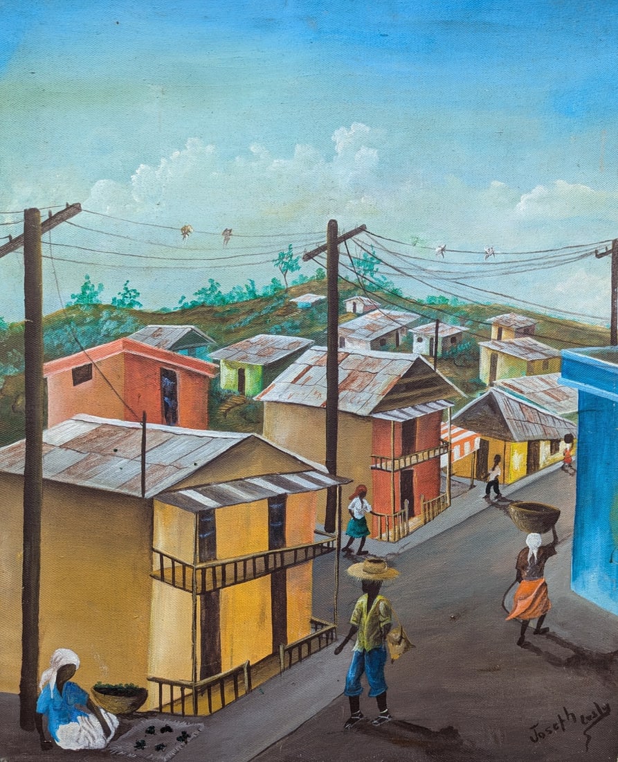 JOSEPH LESLEY (20th c, Haitian) Village Scene: Acrylic on canvas 20 x 16 in