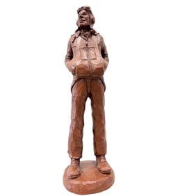 Vintage American School Wood Sculpture Of  Air Force Jet Pilot In Uniform, Signed