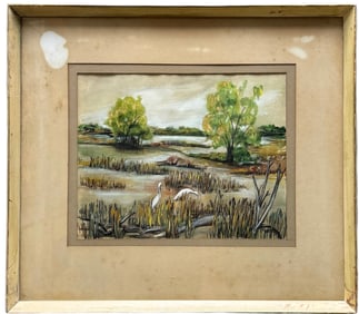 American School Florida Everglades Landscape Watercolor Signed B. Russell