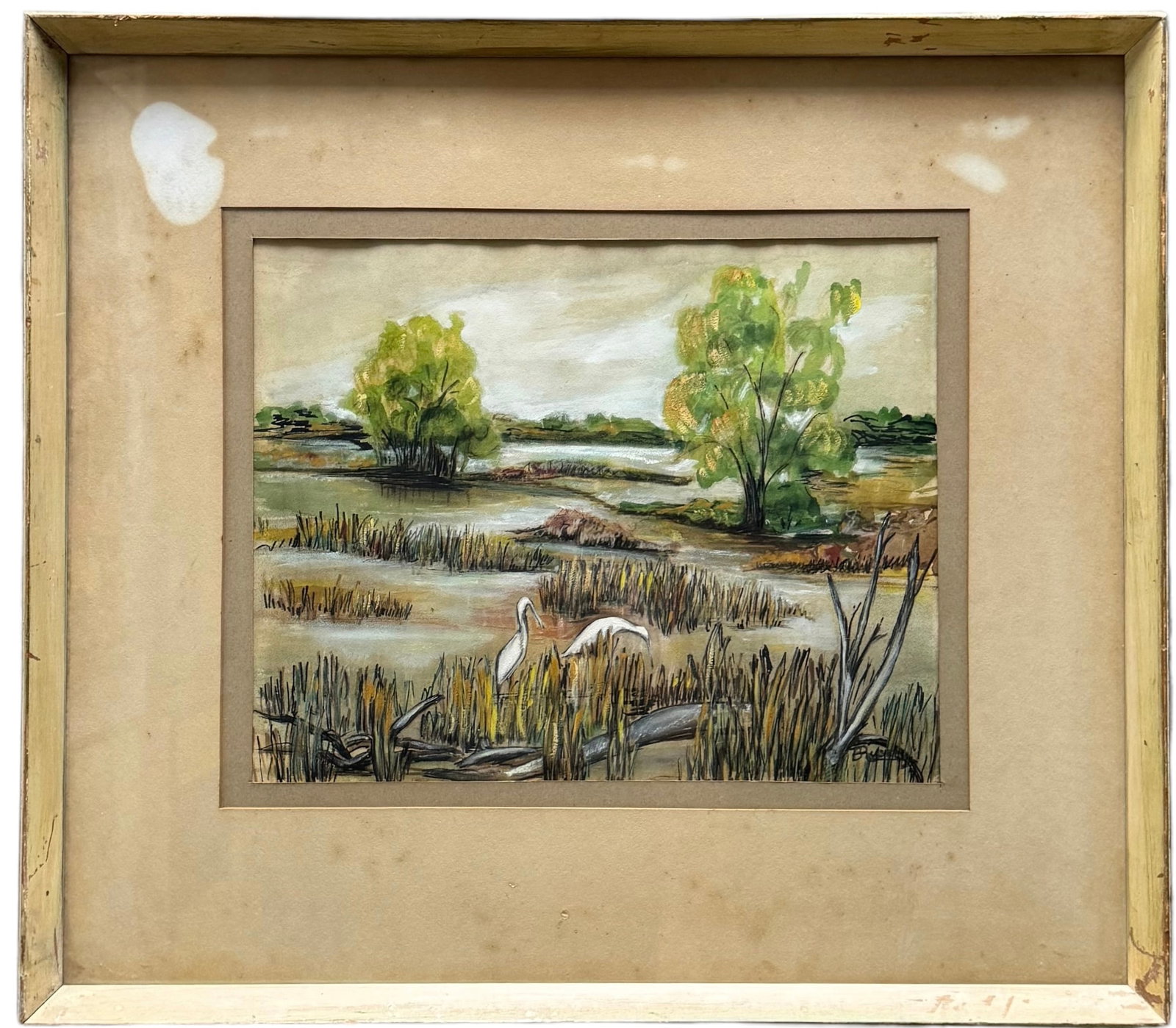 American School Florida Everglades Landscape Watercolor Signed B. Russell: 28 x 25 in (framed)