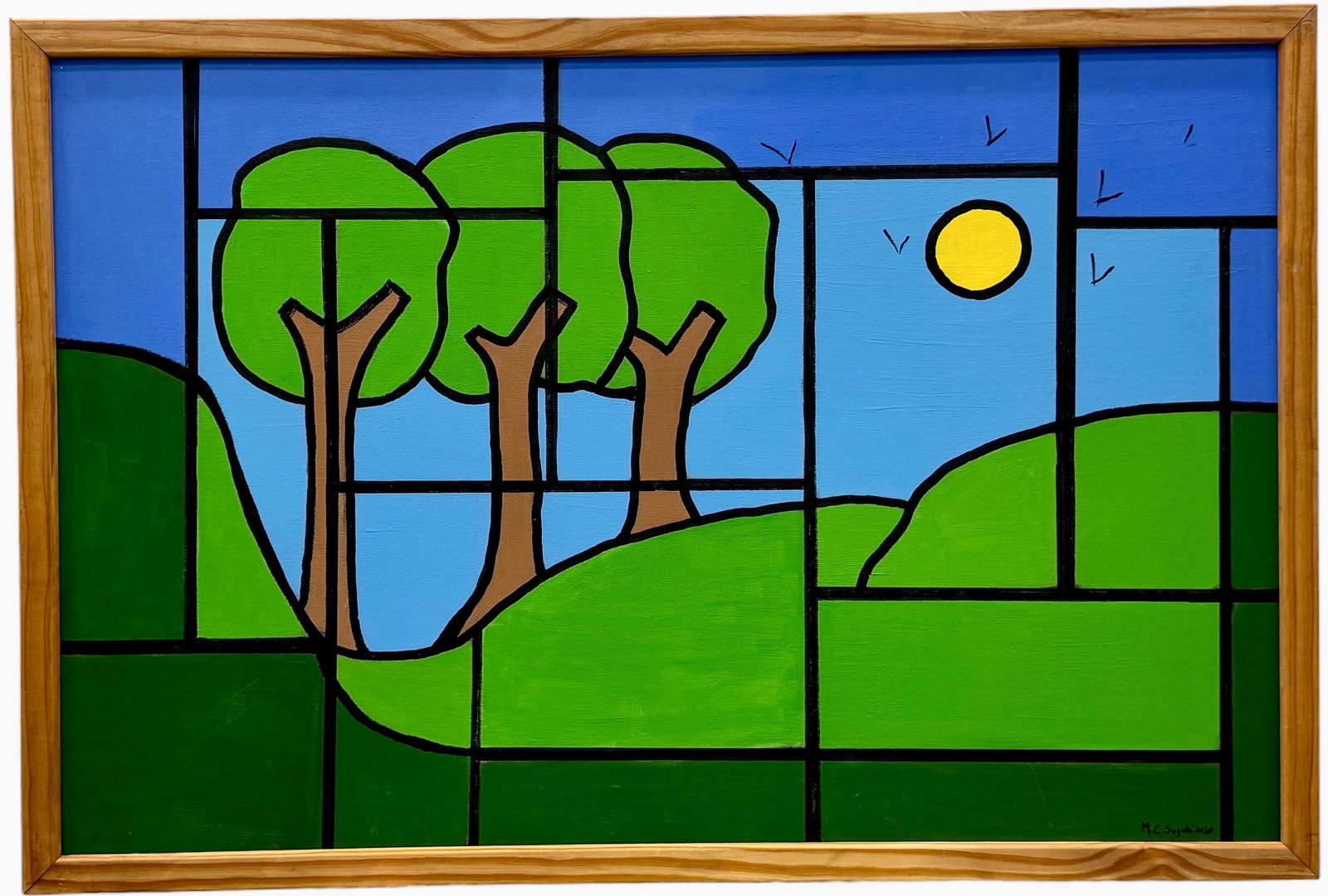 Colorful Modernist Hard Edge Landscape Painting, Signed: Acrylic on canvas 36 x 24 in