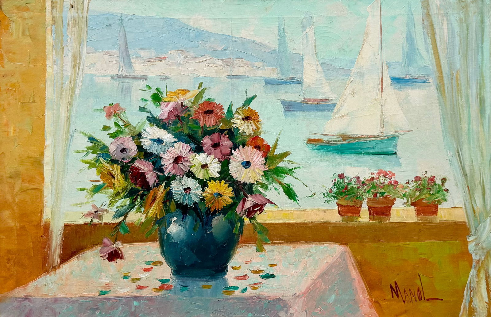 JOHN ADAMS MANOL (20th c, Greek) Interior Window Still Life With Flowers In Harbor (1 of 3)