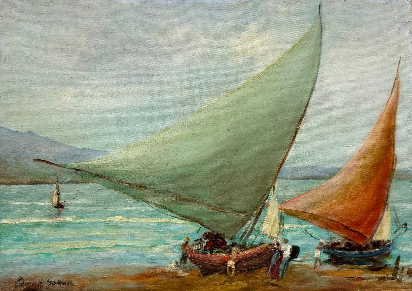 American School Caribbean Impressionist Coastal Landscape w/ Sailboats, Signed (1 of 3)