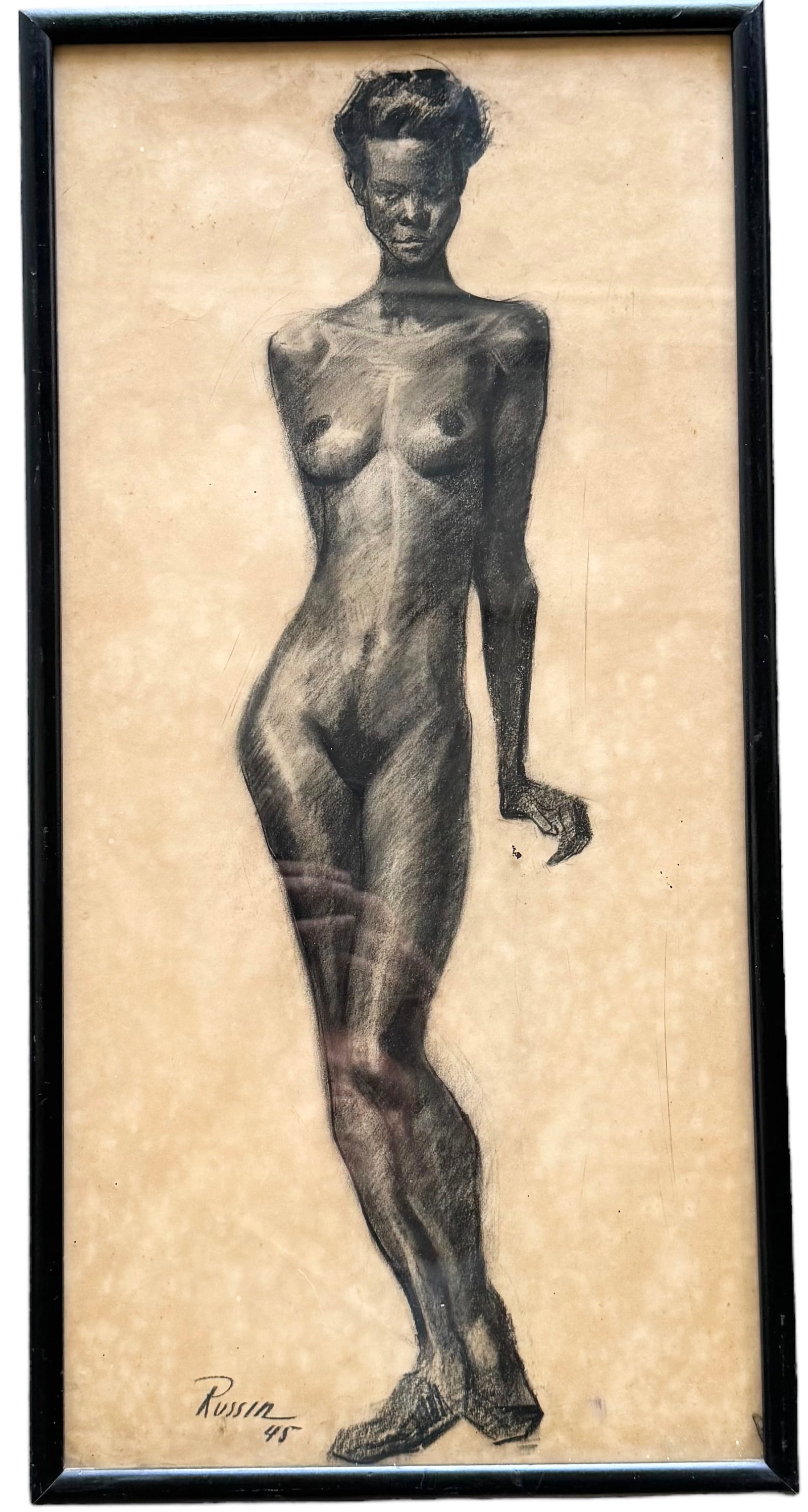 1940's American School Academic Charcoal Drawing Female Black Nude, Signed: Size 22 x 11 in (framed). Possibly Florida artist George Russin, but we are not positive.