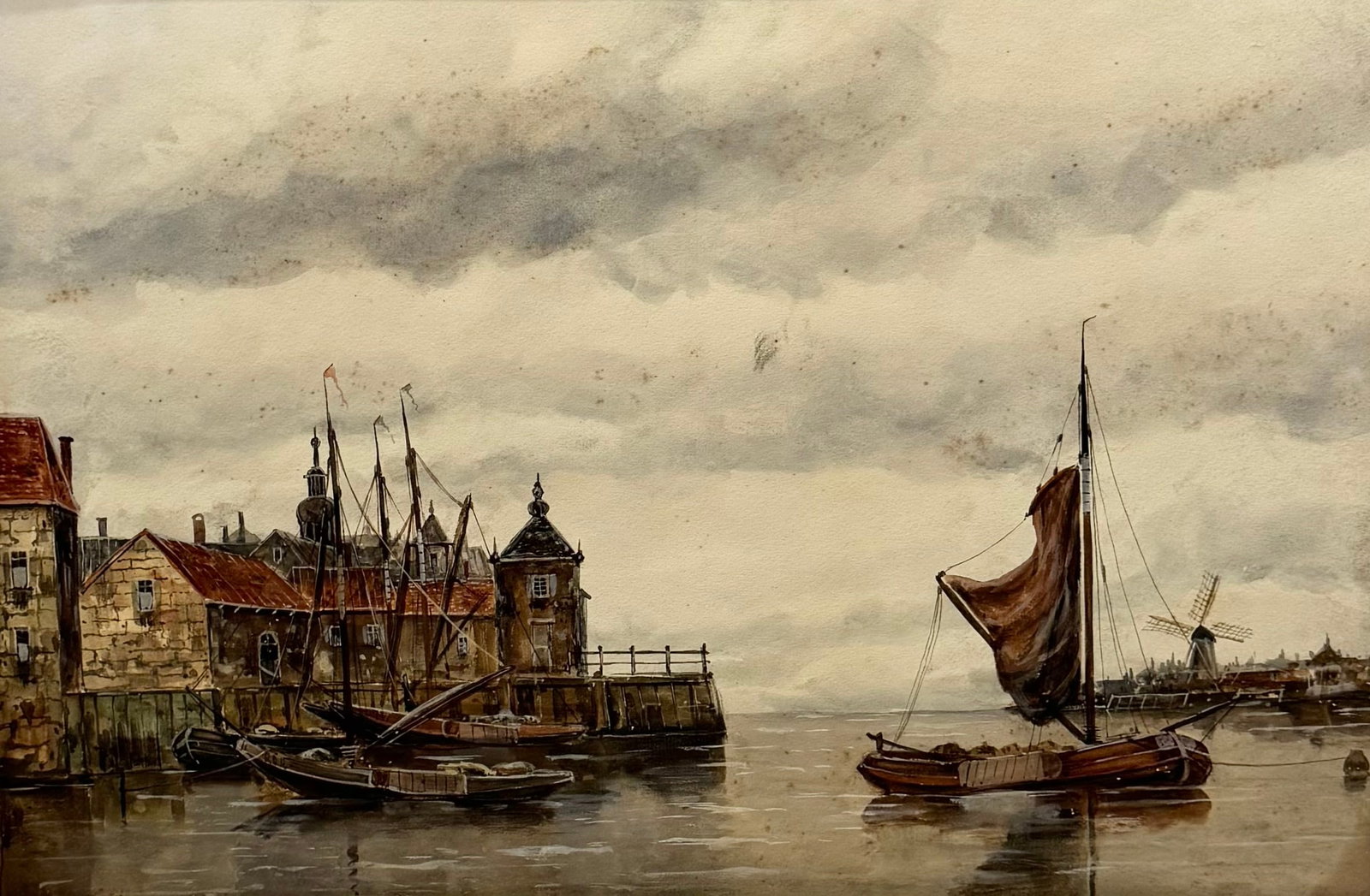 HERMANUS KOEKKOEK II (1836-1909, Dutch) Harbor Scene, Veer, Holland: Watercolor on paper 21 x 14.5 in