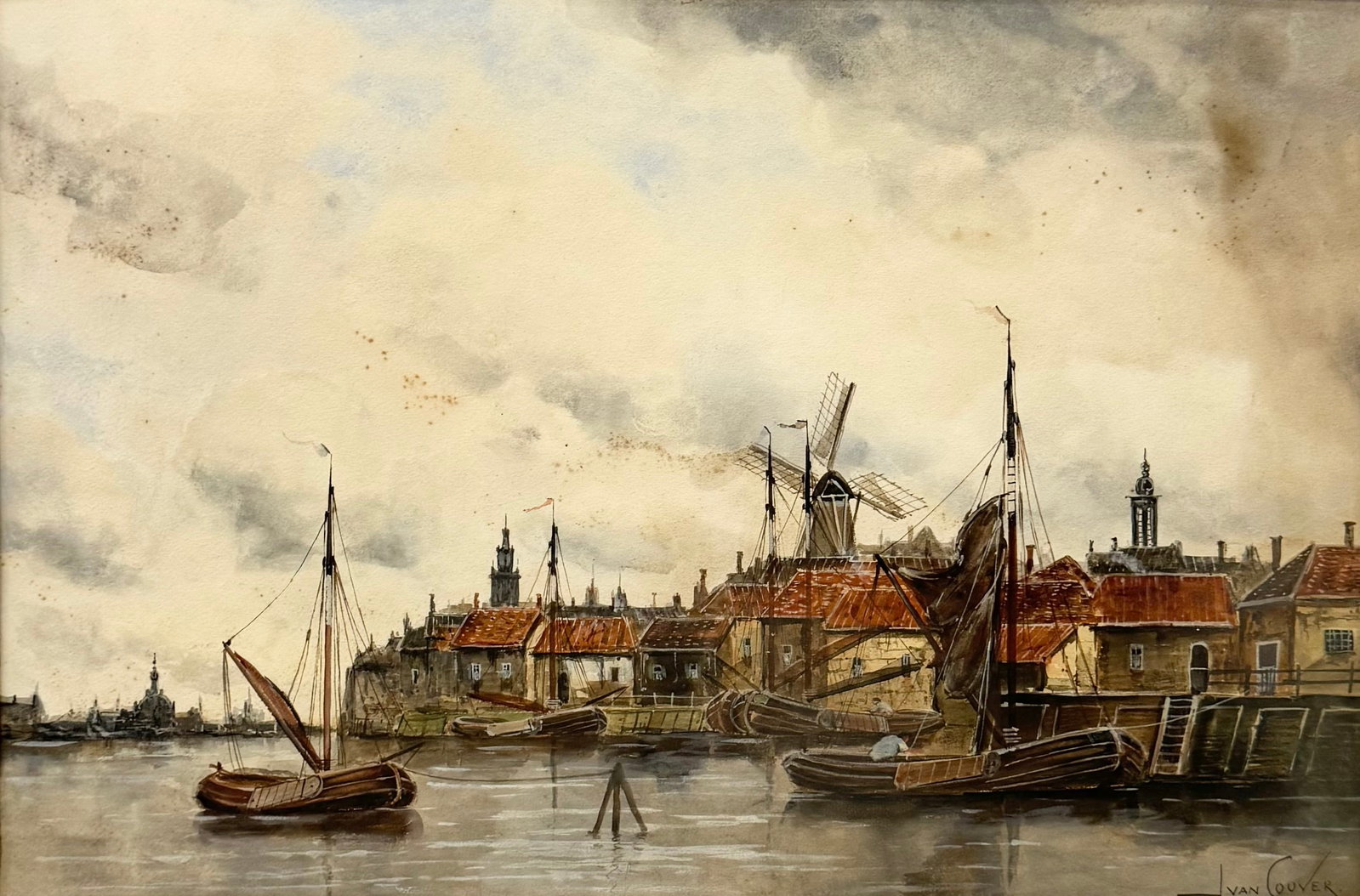 HERMANUS KOEKKOEK II (1836-1909, Dutch) Harbor Scene, Schiedam, Holland: Watercolor on paper 21 x 14.5 in