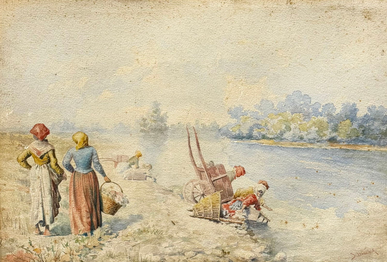 DAVID WOODLOCK (1842-1949, UK) River Landscape With Figures, Watercolor (1 of 4)