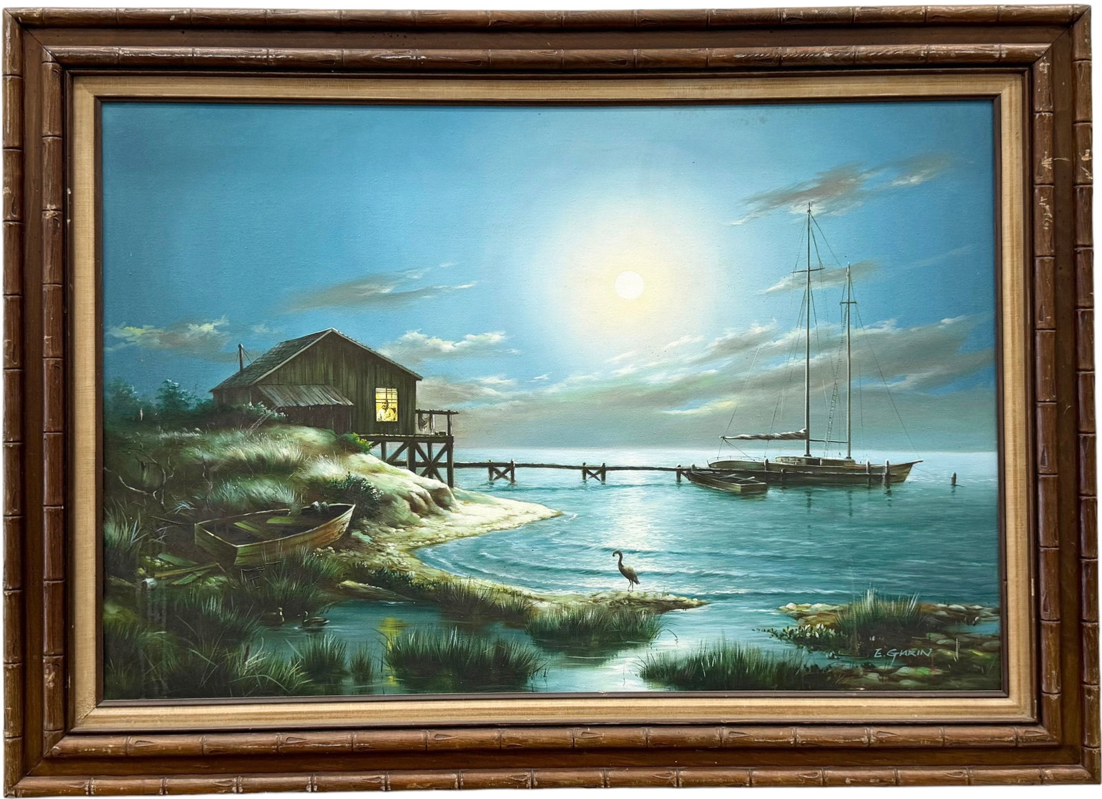EUGENE GARIN (1922-1994, Russian American) Moonlit Florida Inlet: Oil on canvas 36 x 24 in, 43 x 31 in (framed)