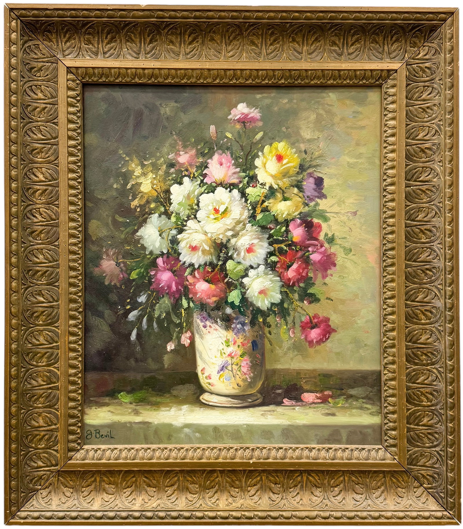 American School Impressionist Still Life Of Flowers, Signed: Oil on canvas 33 x 19 in (framed)