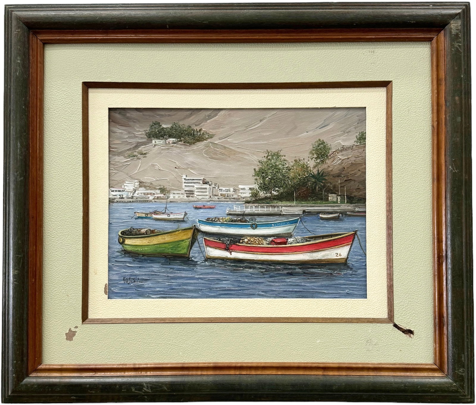ENRIQUE VEJARANO (20thc Peruvian) Pucusana, Peru Harbor: Oil om canvas 16 x 12 in, 27 x 23 in (framed)
