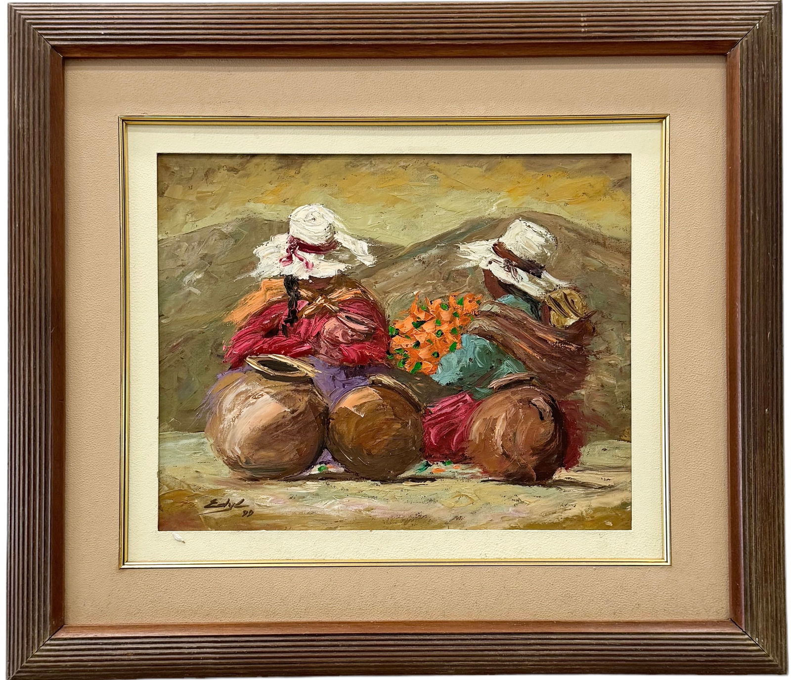 Latin American School Impressionist Flower Sellers With Mountain In Landscape, Signed (1 of 4)
