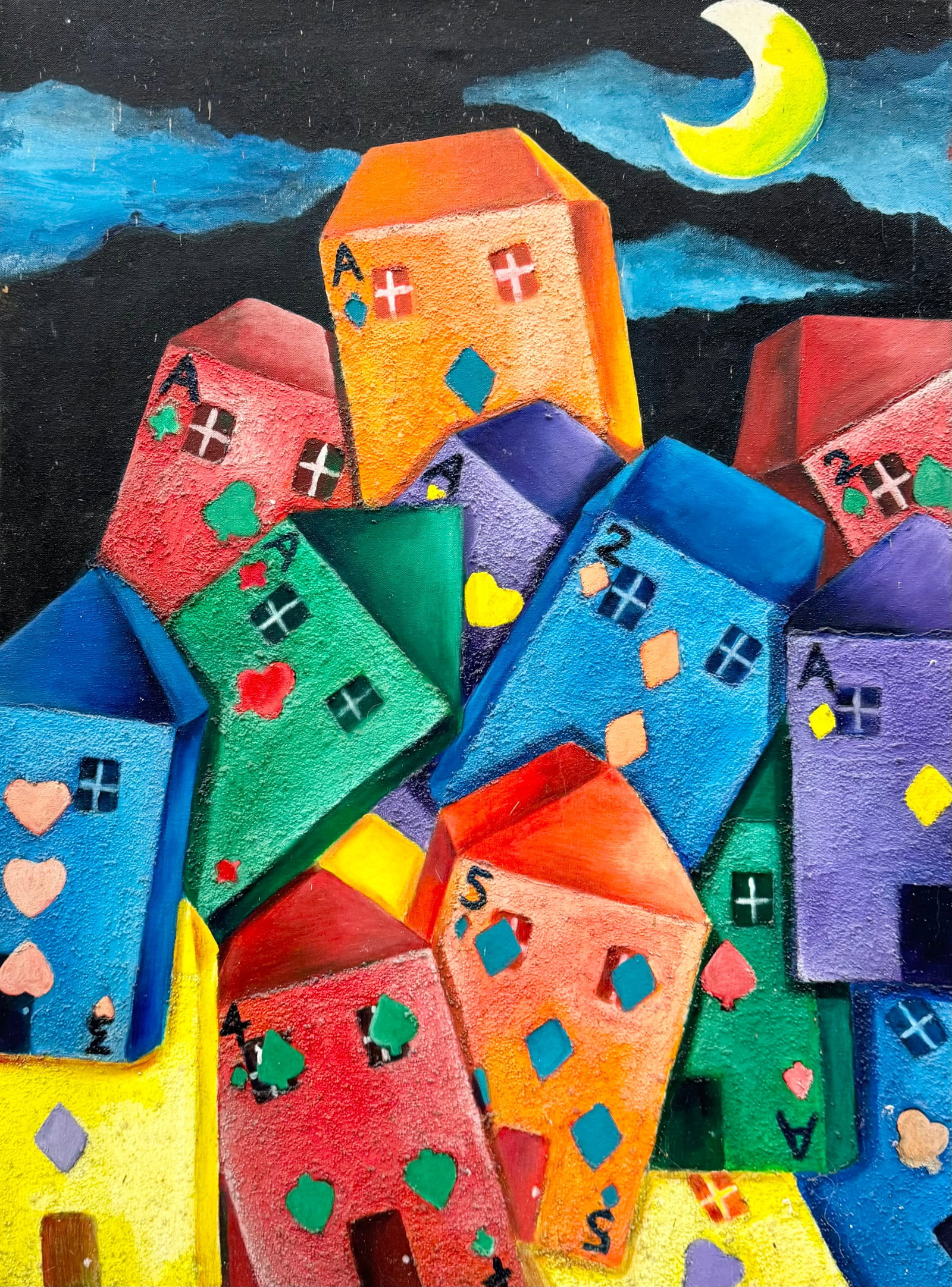 LISA JONES BENTLEY (20th c, American) Houses Of Cards: Mixed media oil on canvas 31 x 23 in