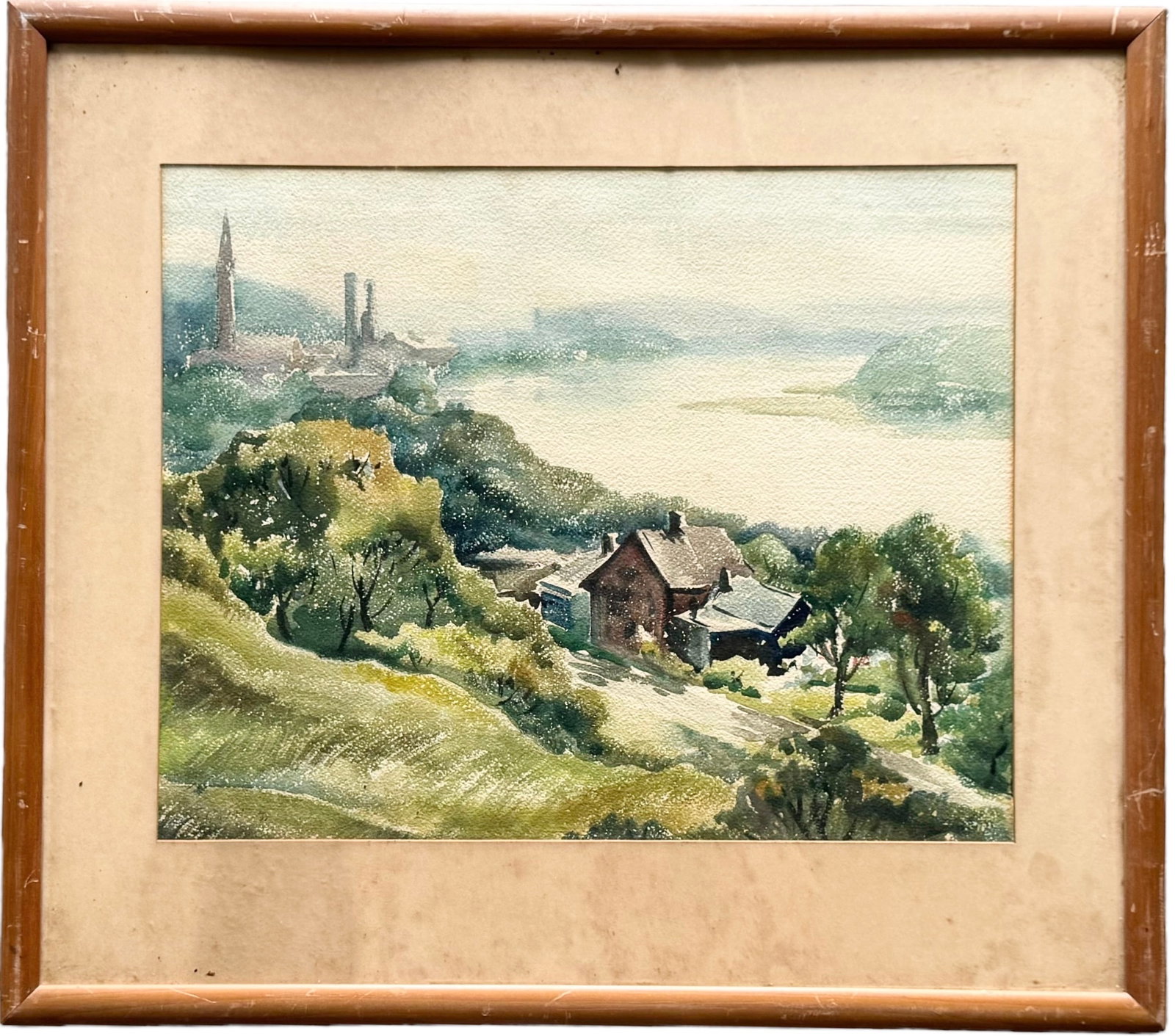 1930's English School Impressionist River Landscape Watercolor, Signed: Watercolor on paper 21.5 x 17 in, 29 x 25.5 in (framed)