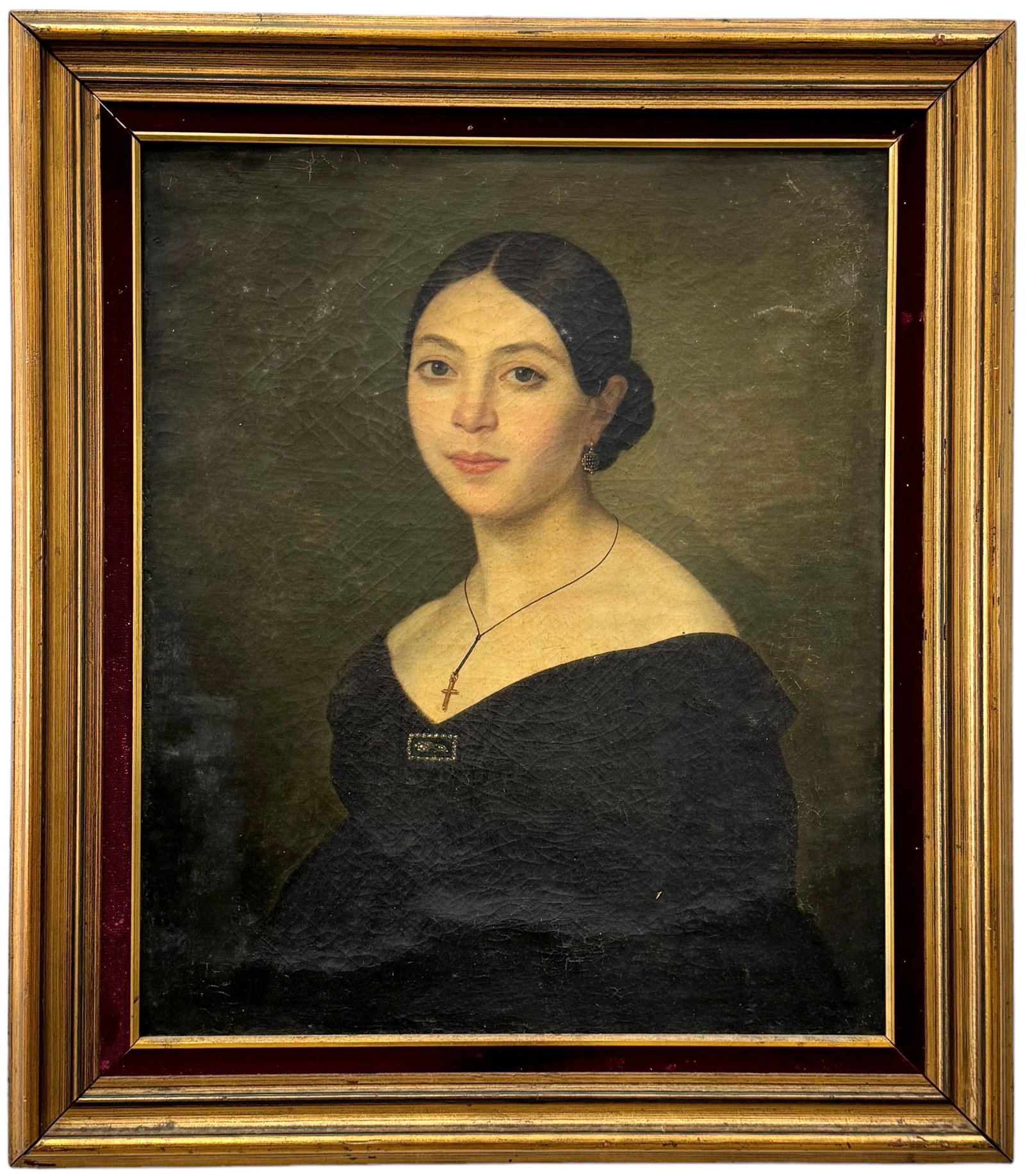 Antique Spanish School Portrait Of A Young Woman: Oil on canvas 25.5 x 21.5 in, 32 x 28 in (framed)
