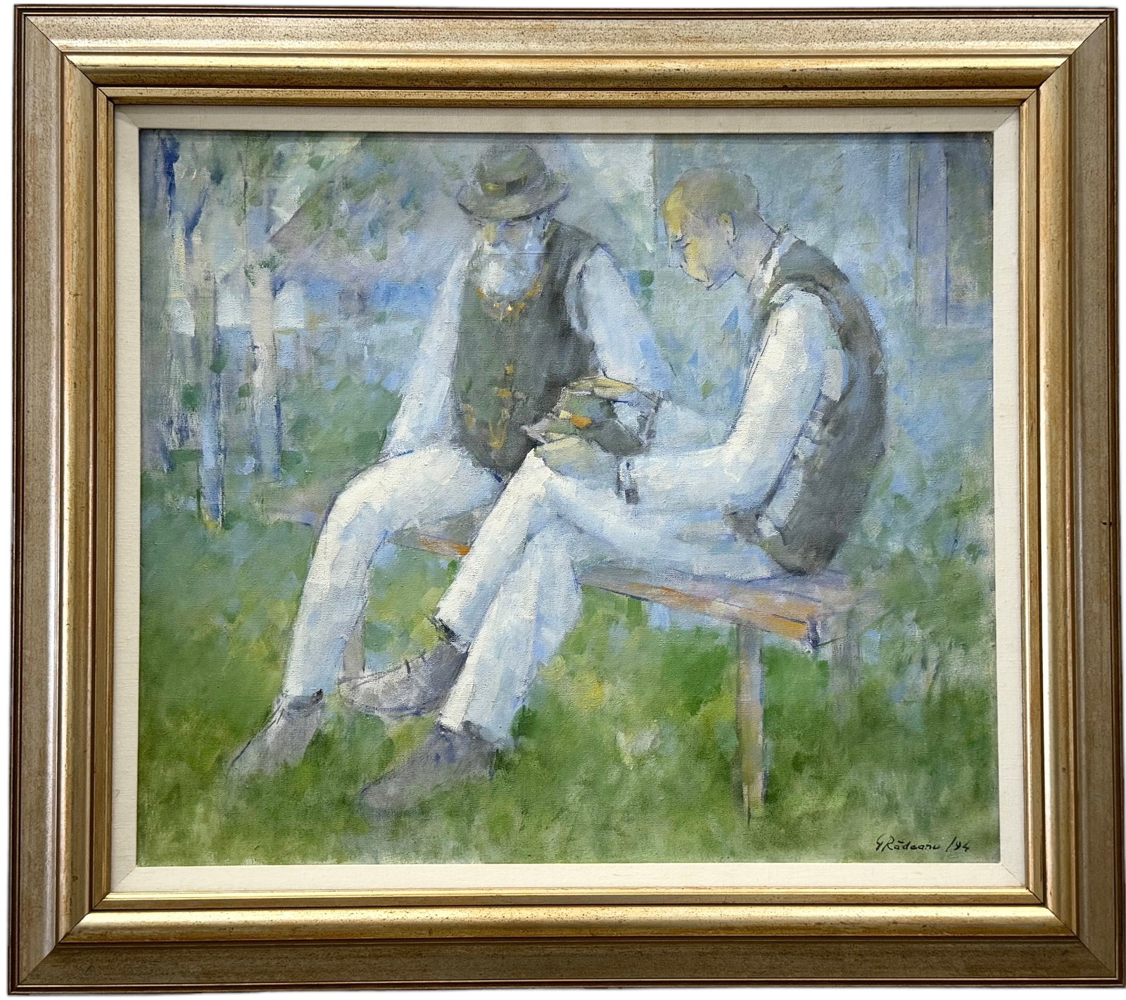 GEORGE RADEANU (b. 1950, Romanian) Figures In A Park, Bucharest Artist: Oil on canvas 27.5 x 23.5 in, 35 x 31 in (framed)