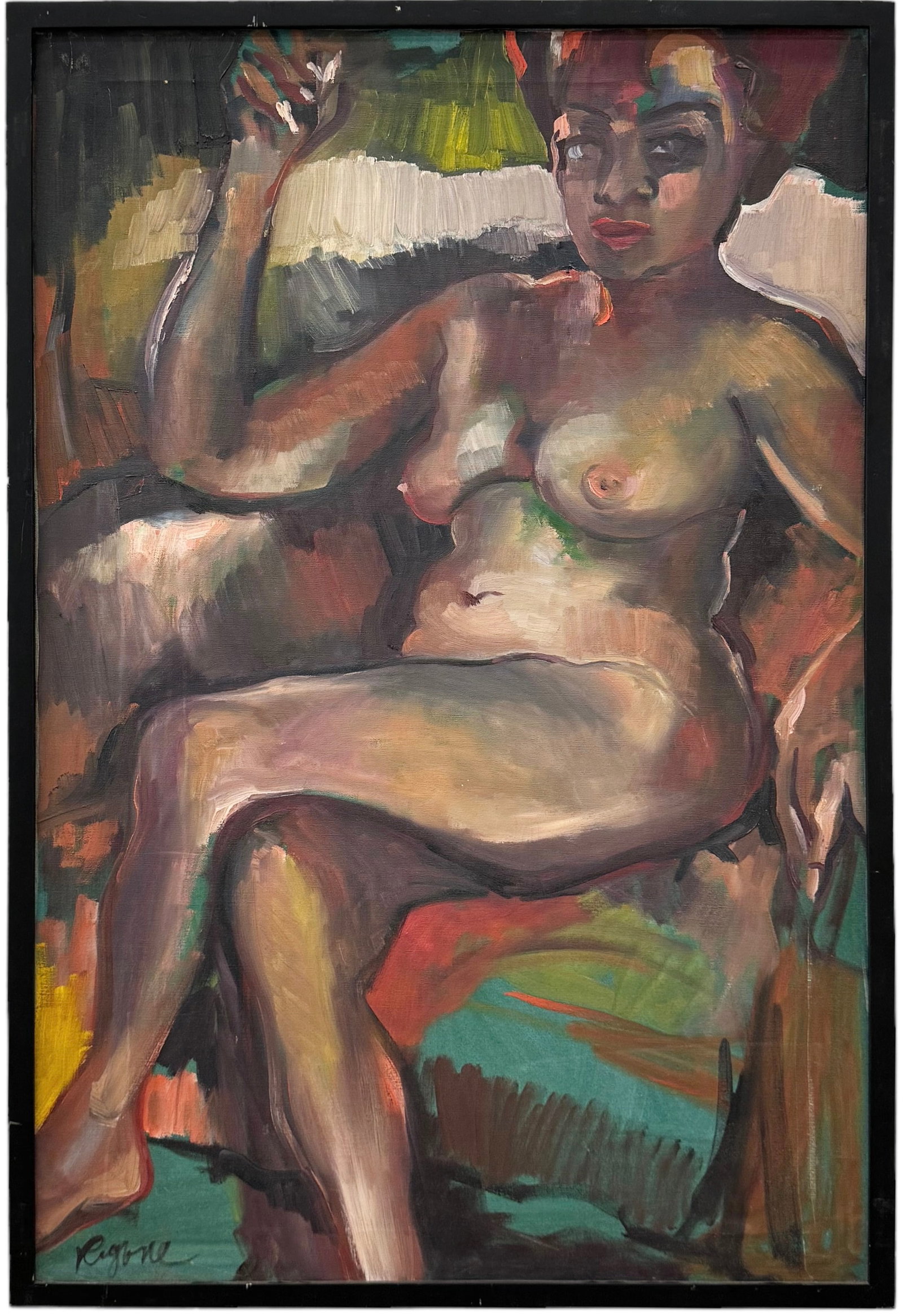 American Modernist Nude Black Woman, Signed: Oil on board 37 x 25 in (framed)