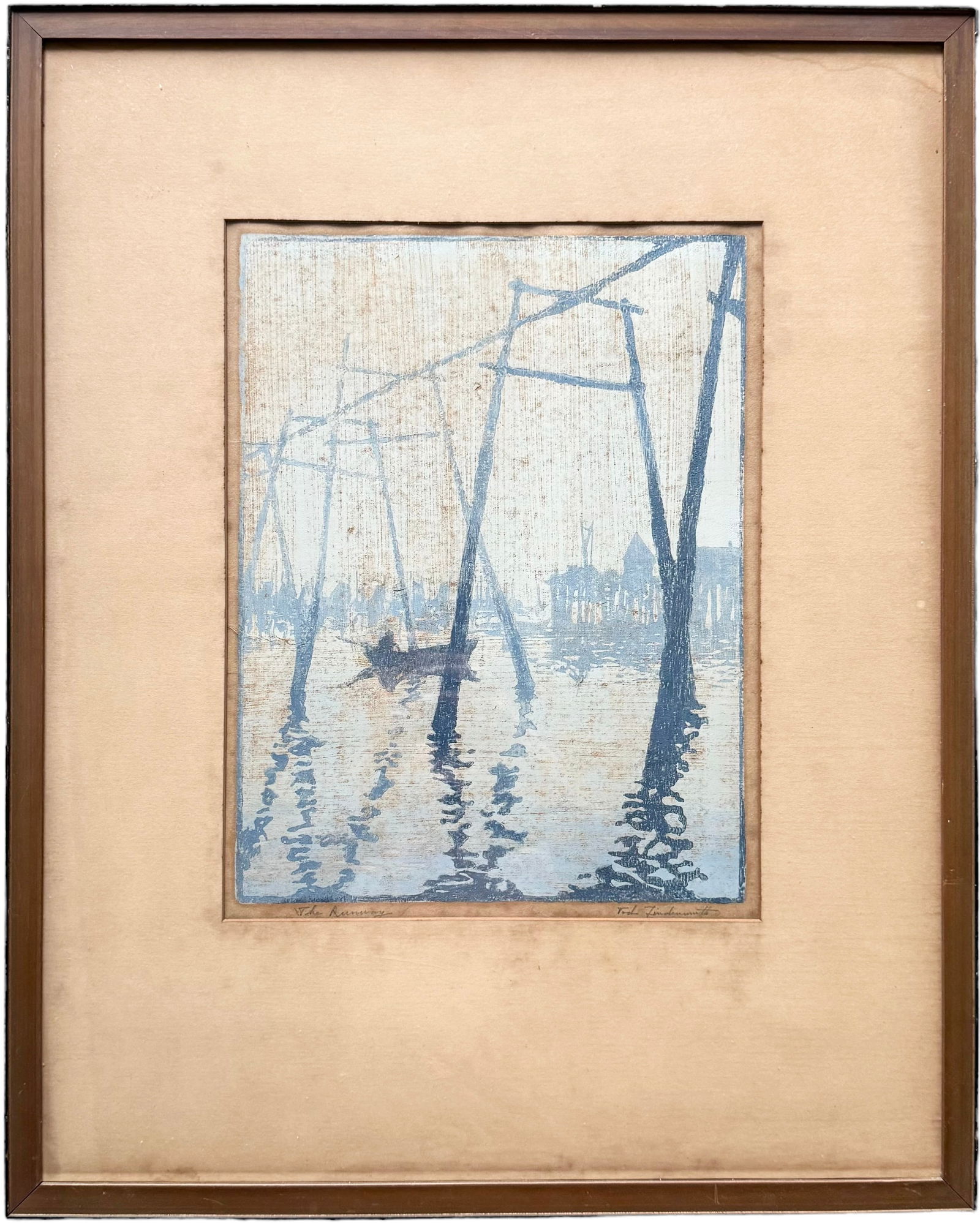 TOD LINDEMUTH, The Runway, Provincetown, MA Color Woodcut 1917: Early modernist woodcut. 14.5 x 10.5 in, 25.5 x 20.5 in (framed). A founder of the Provincetown Art Association and one of the original Provincetown Printers, Tod Lindenmuth was a semi-abstract painte
