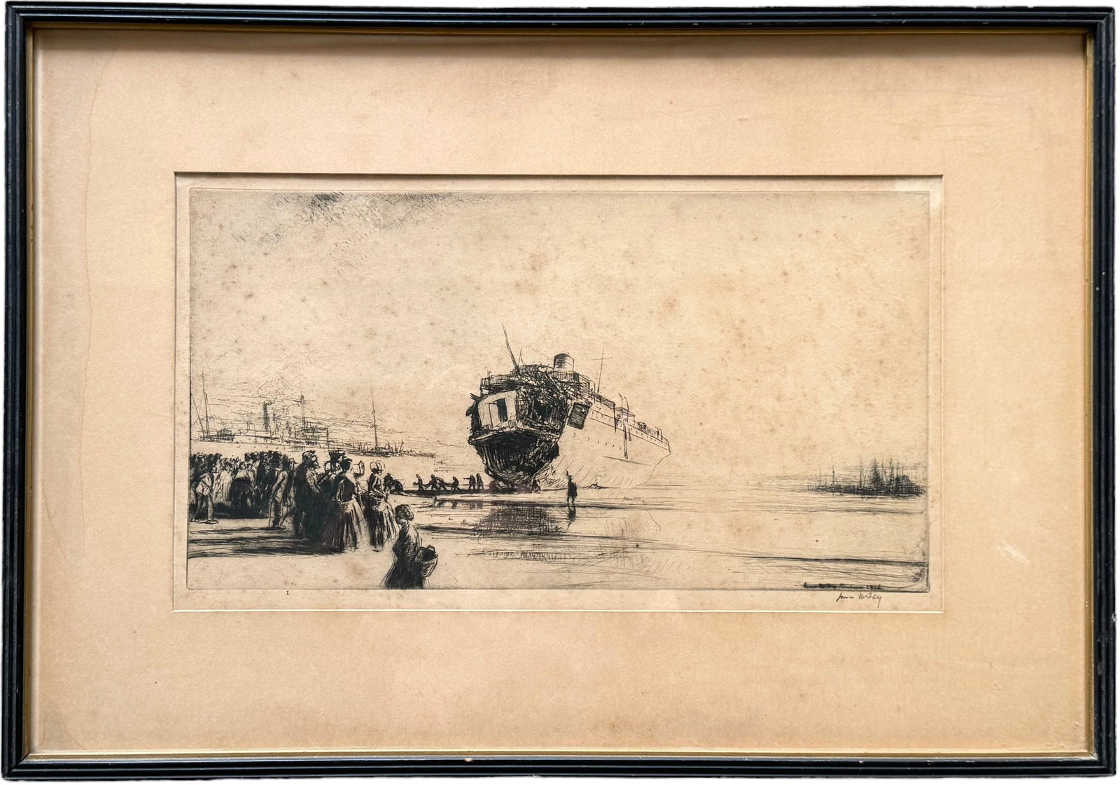 JAMES MCBEY The Torpedoed Sussex Beached at Boulogne 1916, Etching: Size 15 x 8 in, 22.5 x 15.5 in (framed)