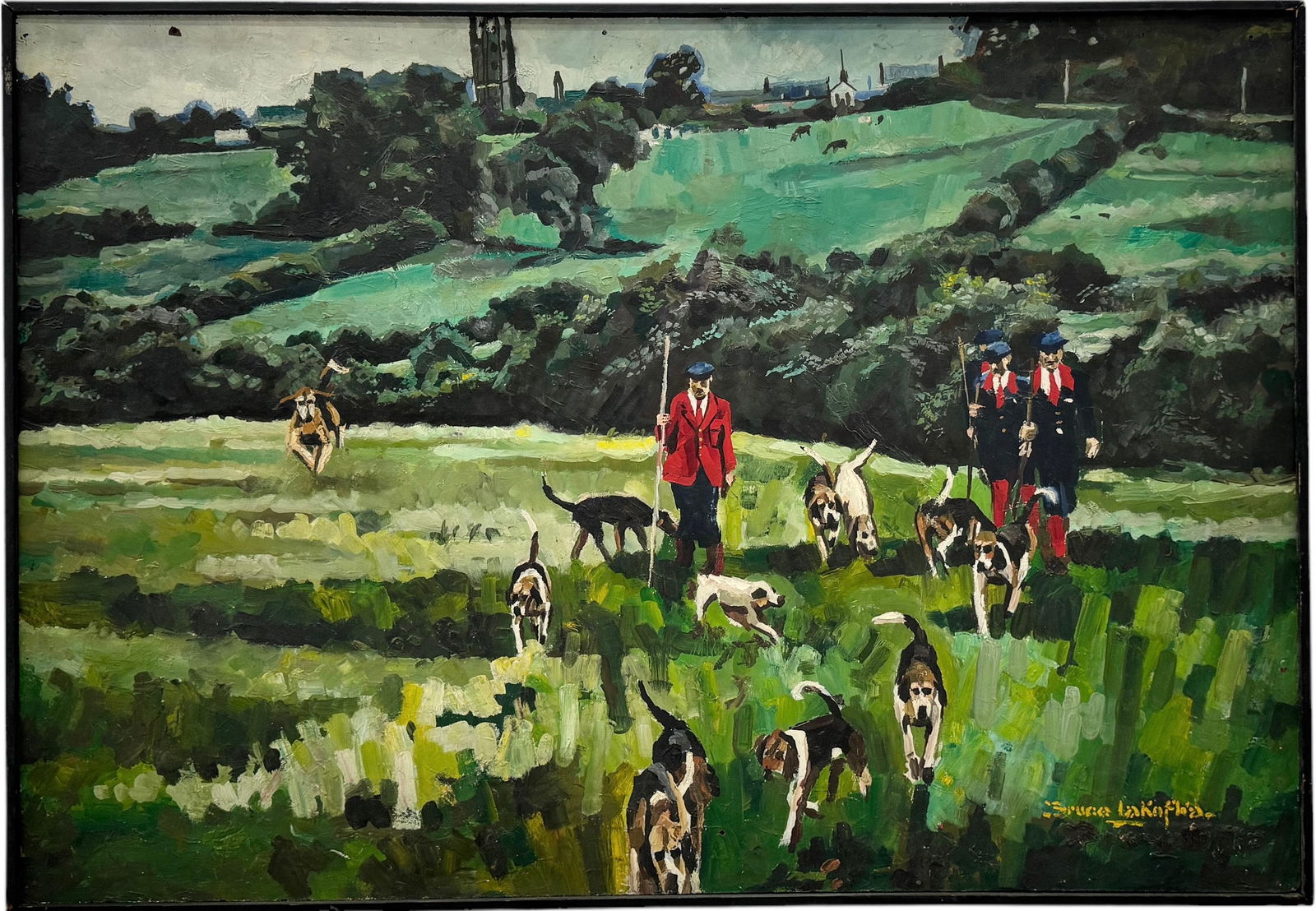 Large British School Modernist Hunt Dogs In English Landscape, Signed (1 of 3)